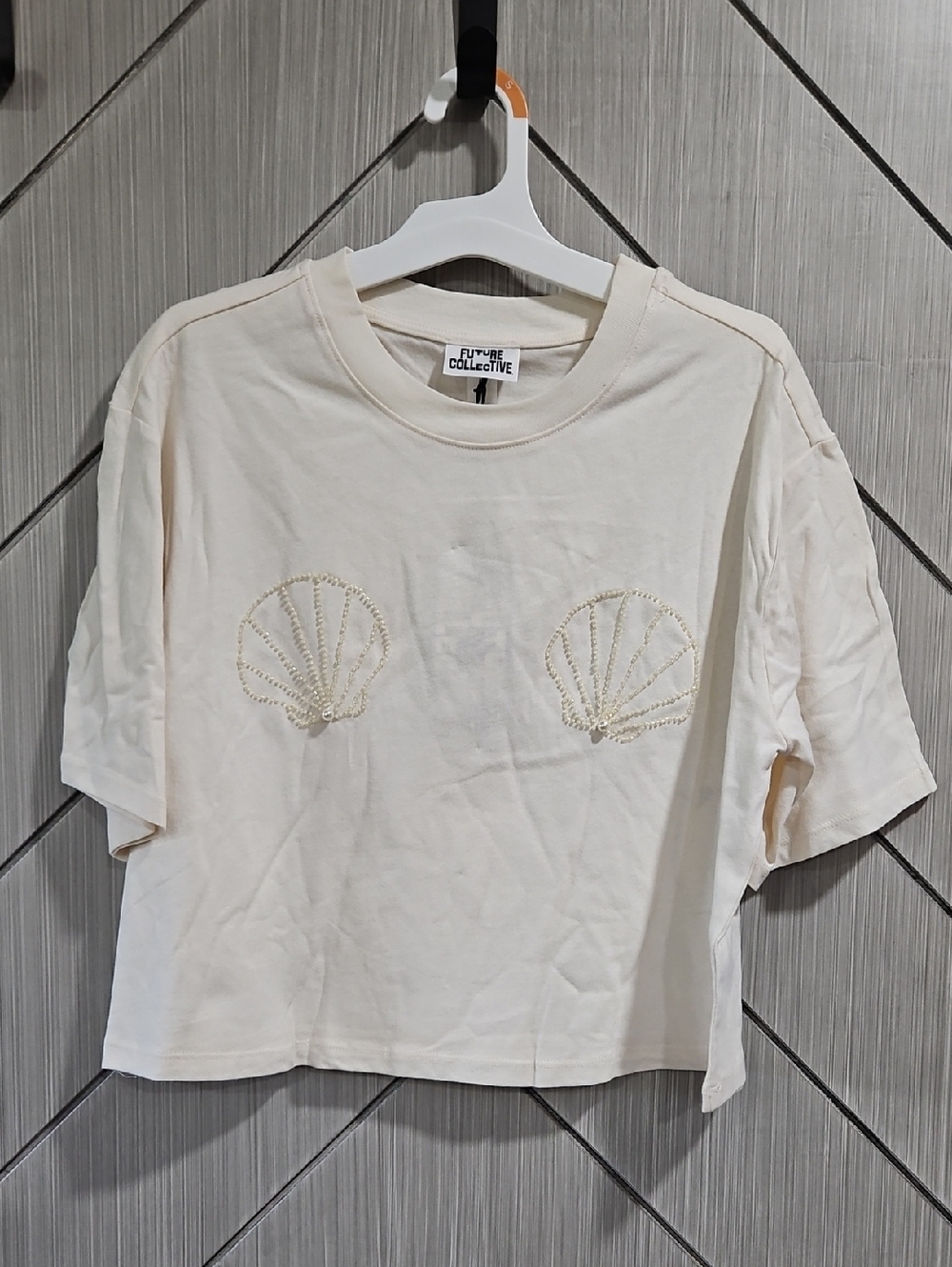 Future Collective Cream Shell Embroidered Crop Top